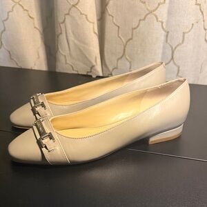 Calvin Klein Collection Beige Leather Ballet Flats with Logo Buckle